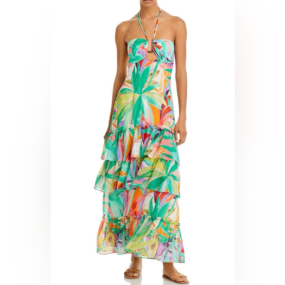 Wayf Tropical Print Strapless Maxi Dress in Green & Multi Size M